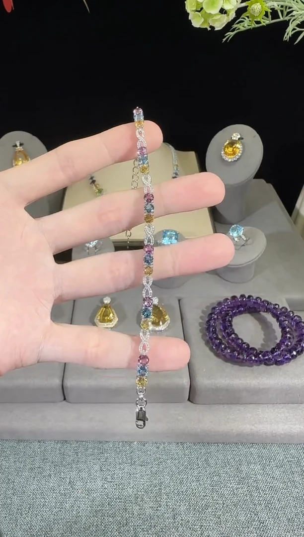 水晶手链银S925镶嵌4mm多彩宝手链高级款