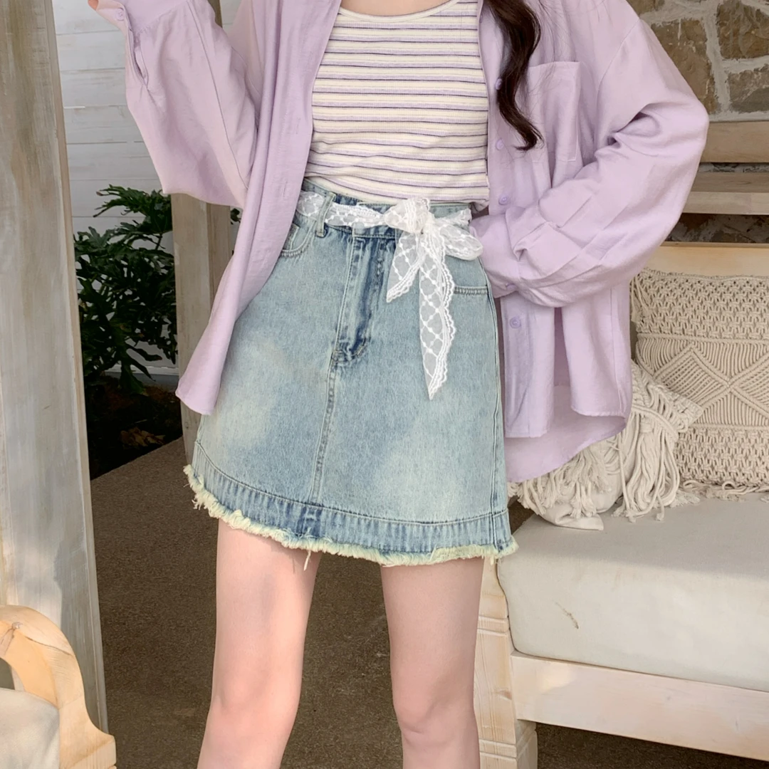 【有蕾丝腰带】高腰牛仔半身裙夏季新款修身显瘦A字短裙女防走光