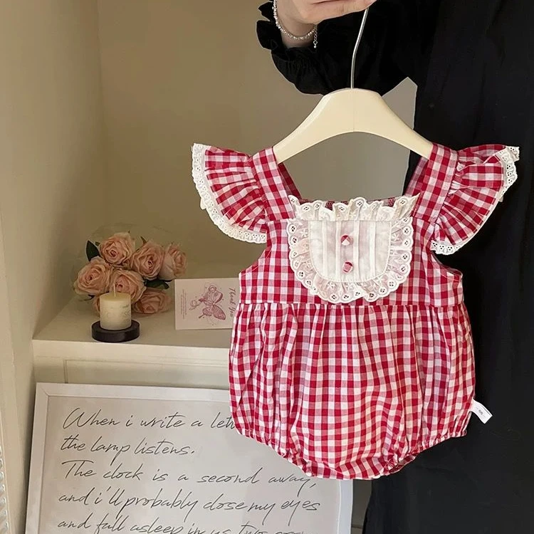 红色方格女宝宝连体衣蕾丝包屁衣满月礼服百天周岁公主婴儿新生儿