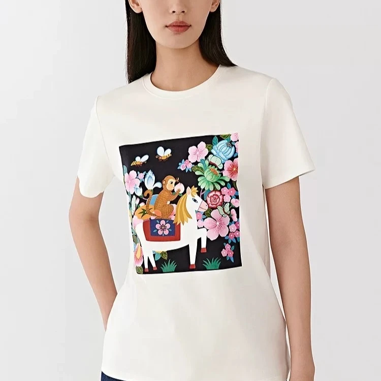 二少-国风元素甜美印花短袖T恤he3648