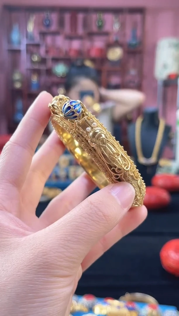 青*果非遗 花丝烧蓝转珠双龙手镯 镀金