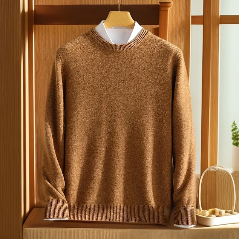 圆领加厚100%纯山羊绒衫男士秋冬季针织打底衫宽松套头衫保暖毛衣