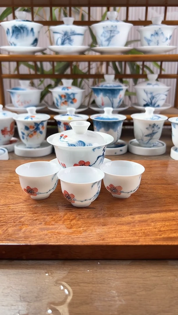 微瑕山茶花130ml三才盖碗+小美人杯3个