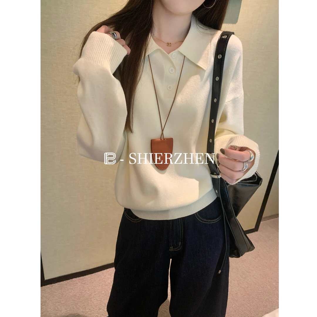 十二针早秋韩版慵懒法式Polo领时尚百搭套头设计感毛针织衫上衣女