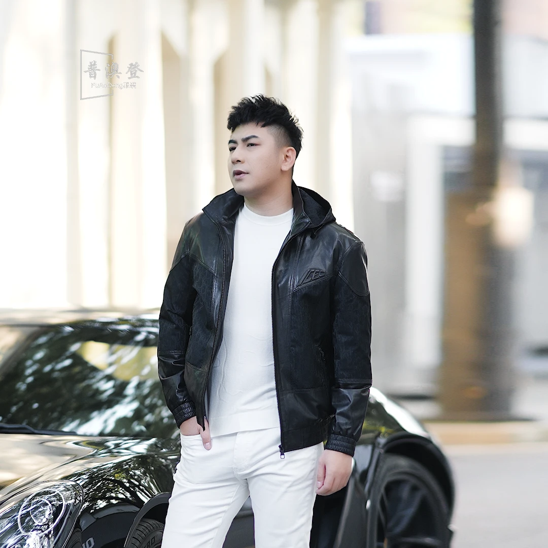 2024冬季轻奢时尚潮流百搭修身拼真皮可拆卸帽提花男士羽绒服外套