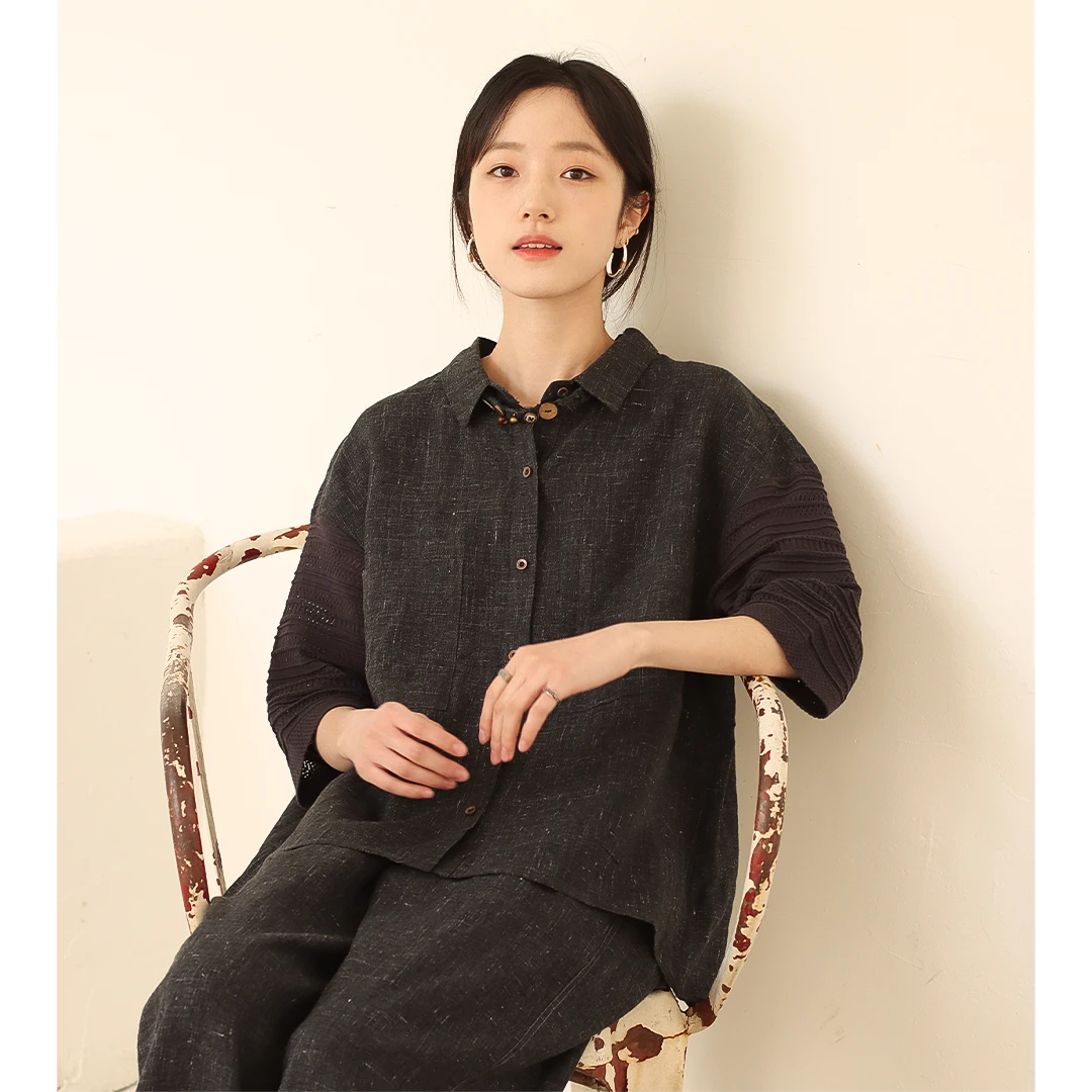 无色无味【至简】色织亚麻复古休闲拼接编织翻领七分袖衬衫