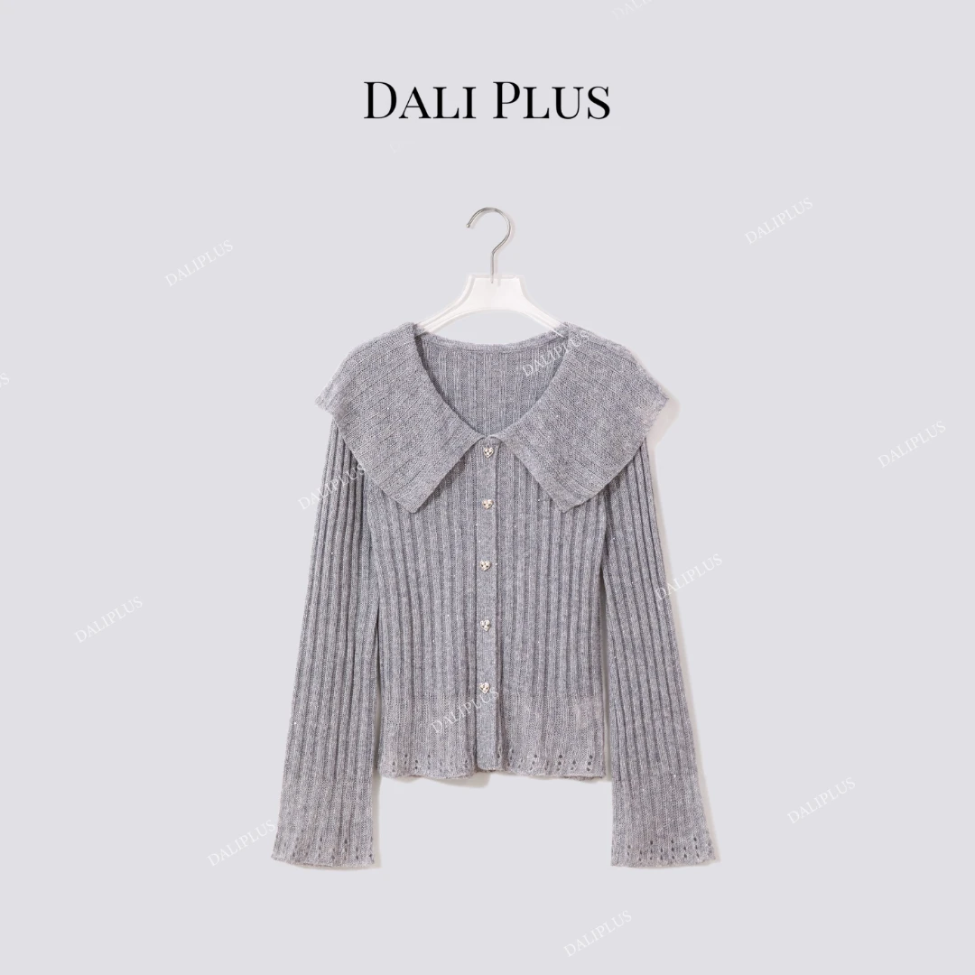 DALI PLUS“山羊绒坑条长袖套衫”大翻领针织上衣-D5CK2145