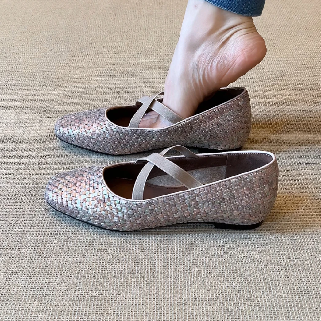 RubyL/2cm/5cm小众时尚简约内增高圆头编织交叉带拼色浅口单鞋