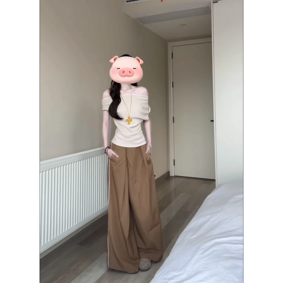 夏季新款设计感小众修身显瘦一字肩上衣女气质百搭休闲阔腿裤套装