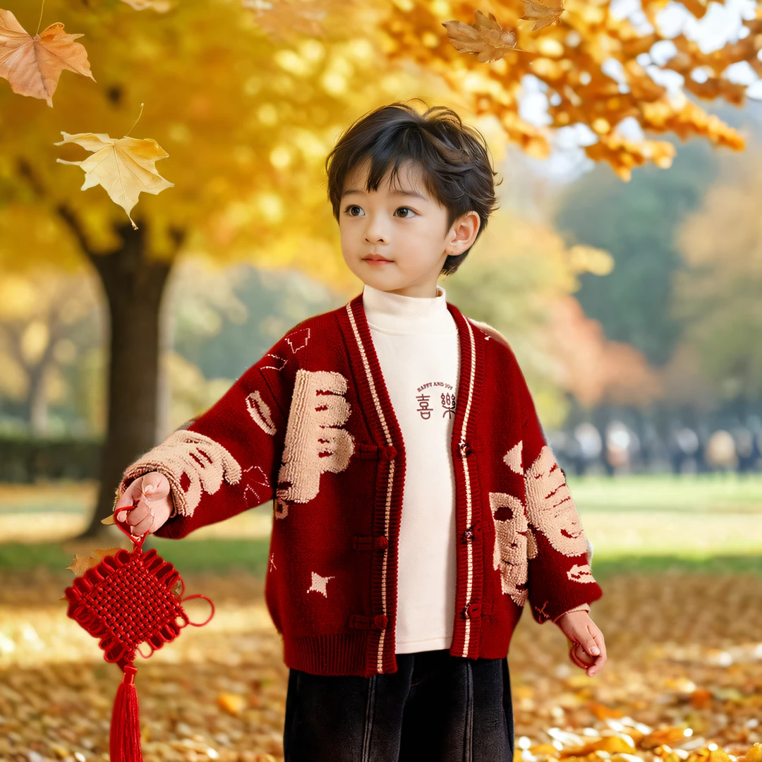 男童毛衣开衫秋冬款宝宝加厚冬装儿童冬季红色针织衫喜庆拜年衣服