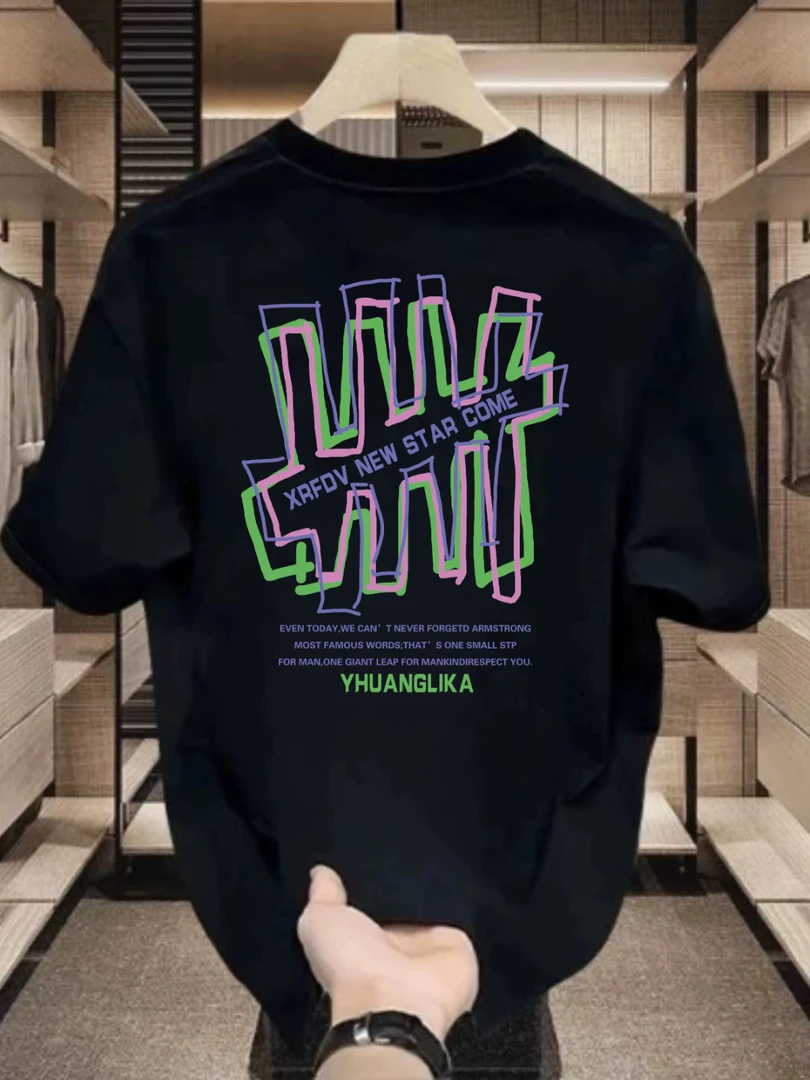 纯棉潮牌男女同款圆领男生短袖T恤百搭休闲宽松印花韩版潮流落肩