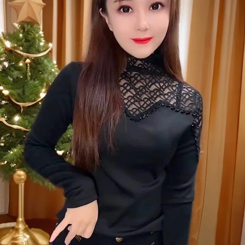 时尚钉珠镂空女人味打底衫秋季半高领长袖T恤女气质纯色百搭上衣