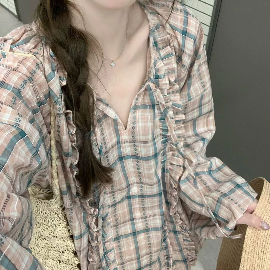 2025新款日杂少女之秘鲁格纹花边衬衫防晒长袖上衣