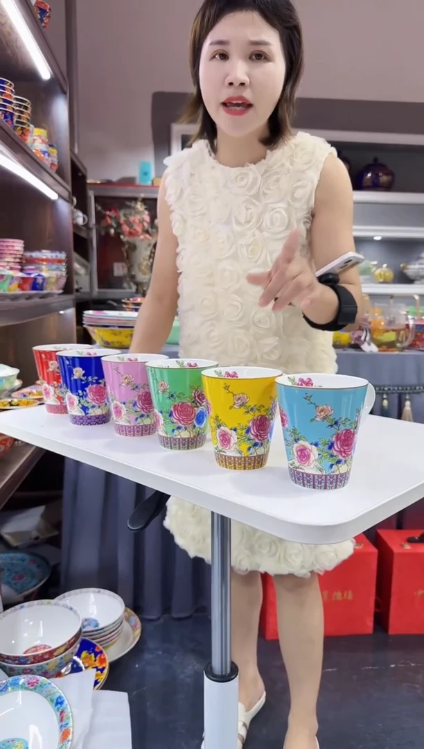 珐琅  牡丹花卉水杯6只装景德镇陶瓷