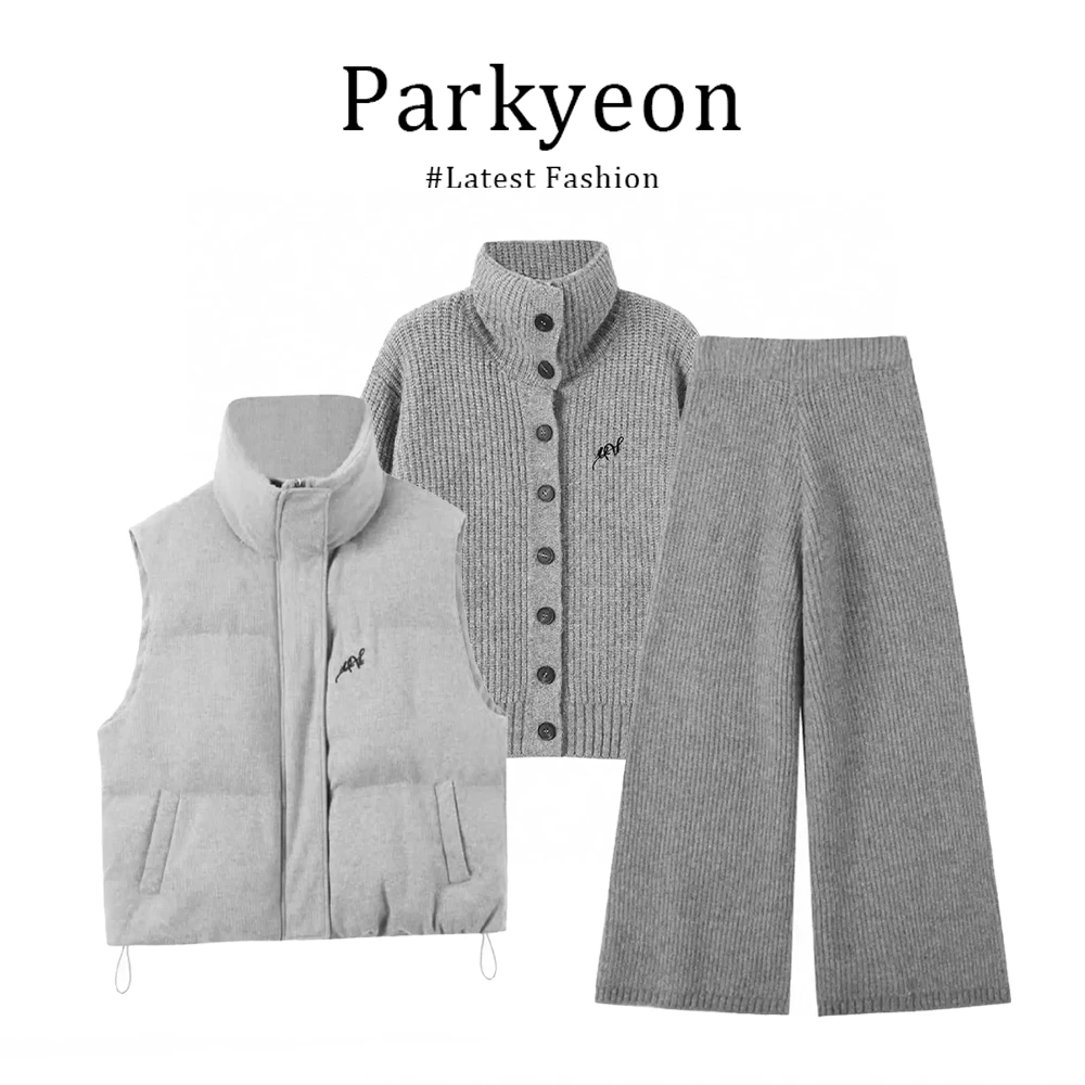parkyeon秋冬学院风马甲背心棉服马夹针织直筒休闲裤时尚两件套女