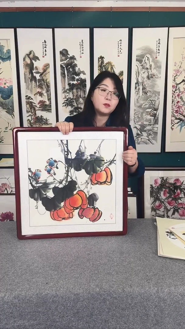 国画63*63南瓜实木装裱