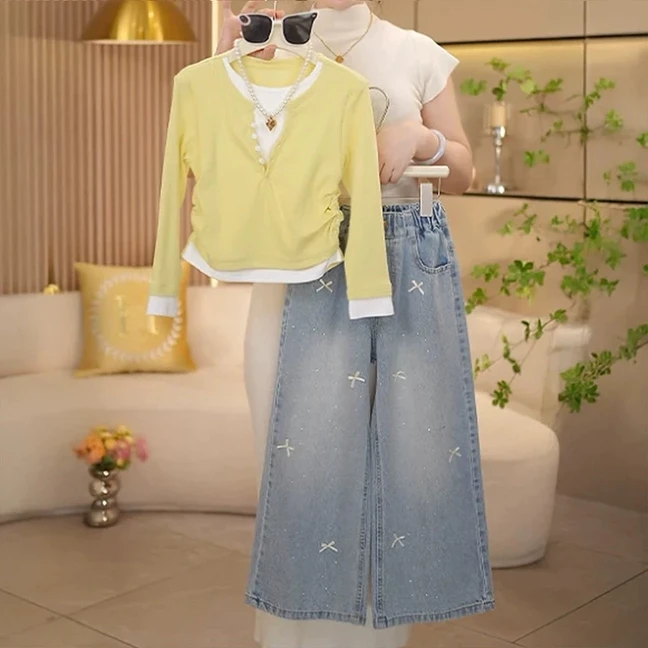 女童卫衣套装童装春秋装新款儿童洋气女大童韩版假两件上衣牛仔裤