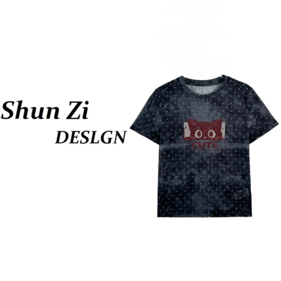 顺子/SZ7033 夏季新款欧韩网纱印花舒适透气短袖T恤