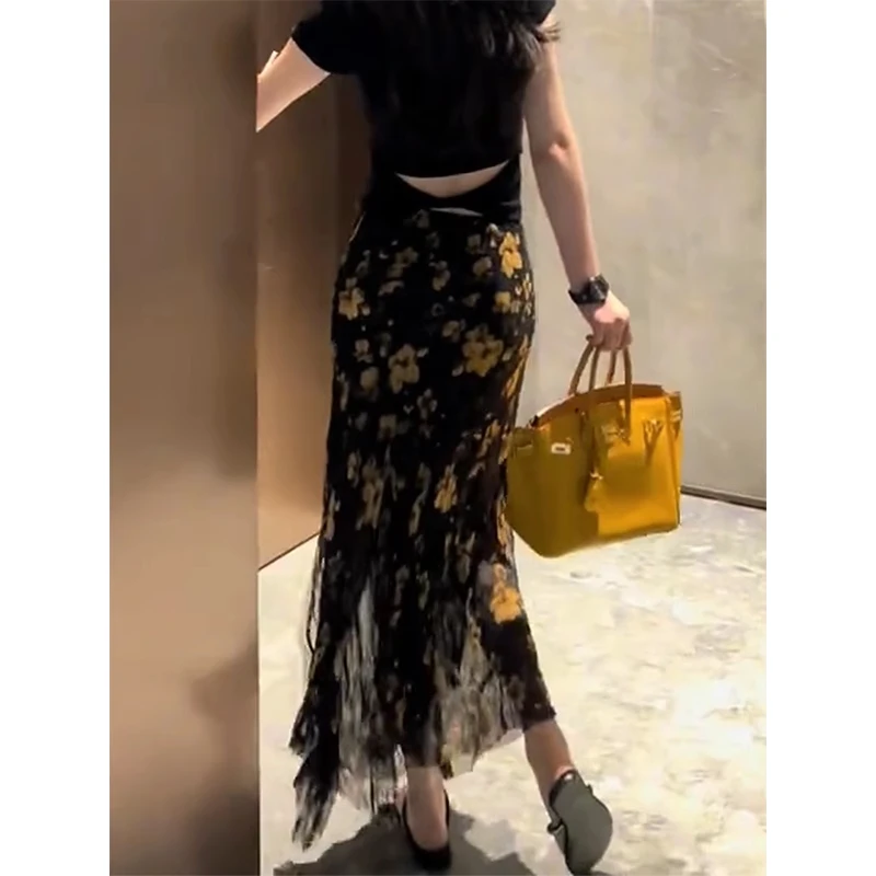 2025年夏季新款时尚复古花卉印花高腰长裙女气质优雅宽松A字半裙