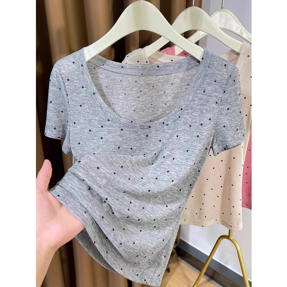 大圆领针织薄款短袖上衣夏季2025新款修身超薄微透面膜低领t恤女