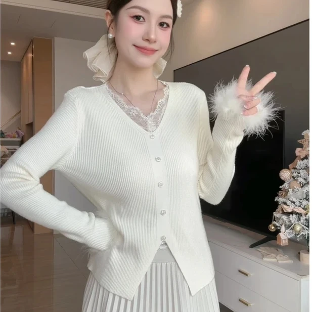 蕾丝V领内搭打底衫针织衫女秋冬新款高级感时尚气质上衣A12162