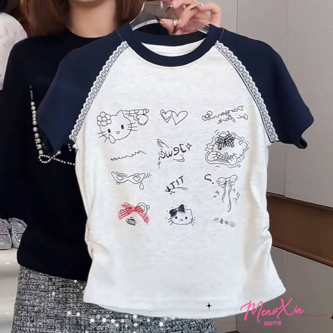 女童夏季短袖2025新款儿童韩版拼色圆领短T恤女孩卡通上衣夏装潮