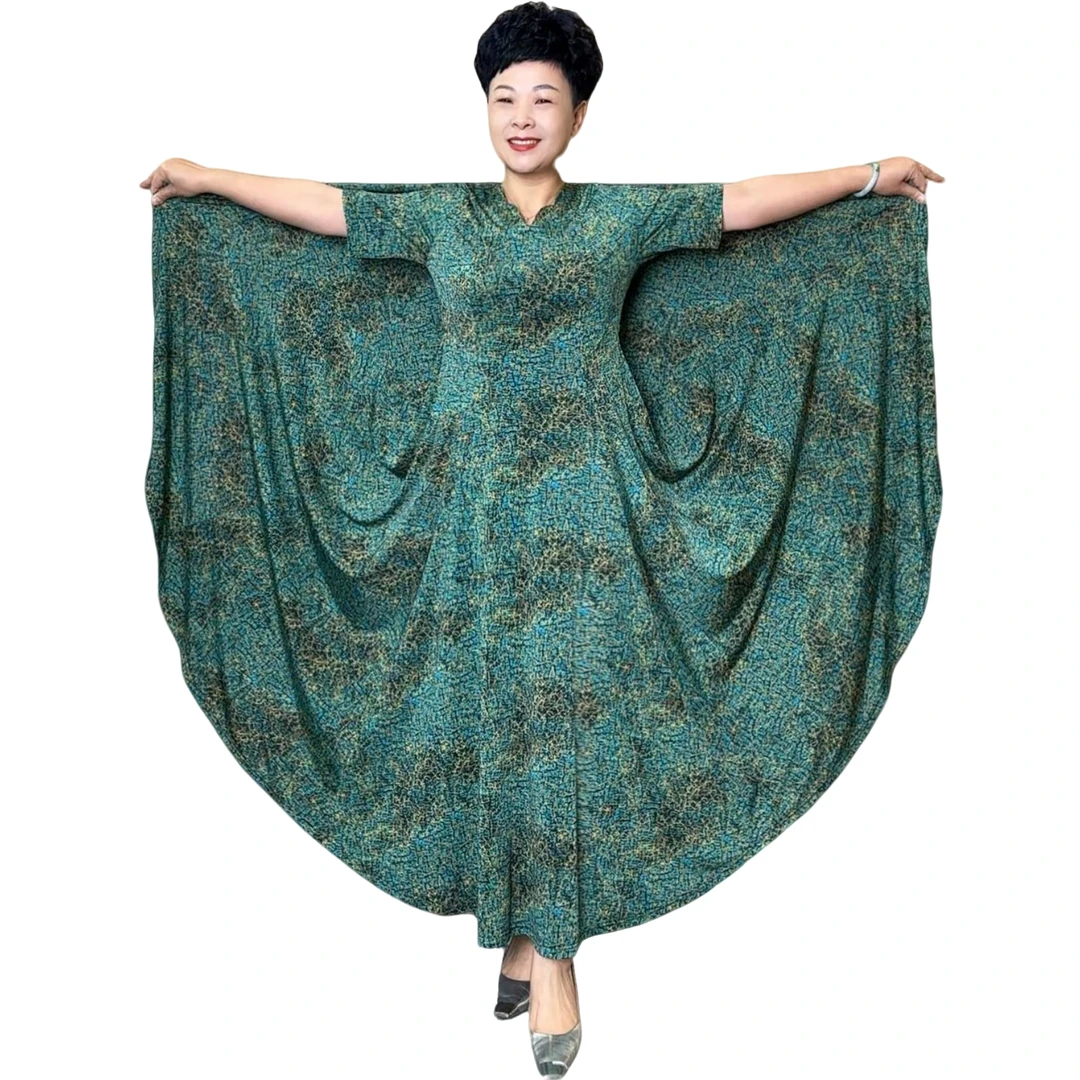 2509-绿色-夏款大码女装修身显瘦时尚减龄七片大摆长款连衣裙