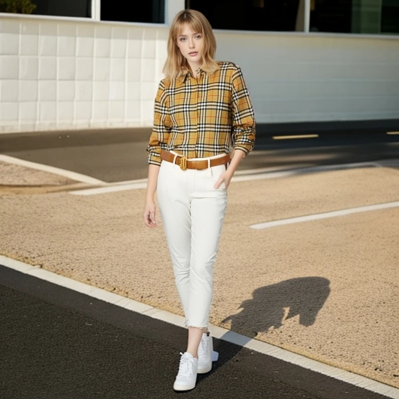 99新 BURBERRY/博柏利 10728619 经典格纹翻领长袖衬衫 驼色 UK6