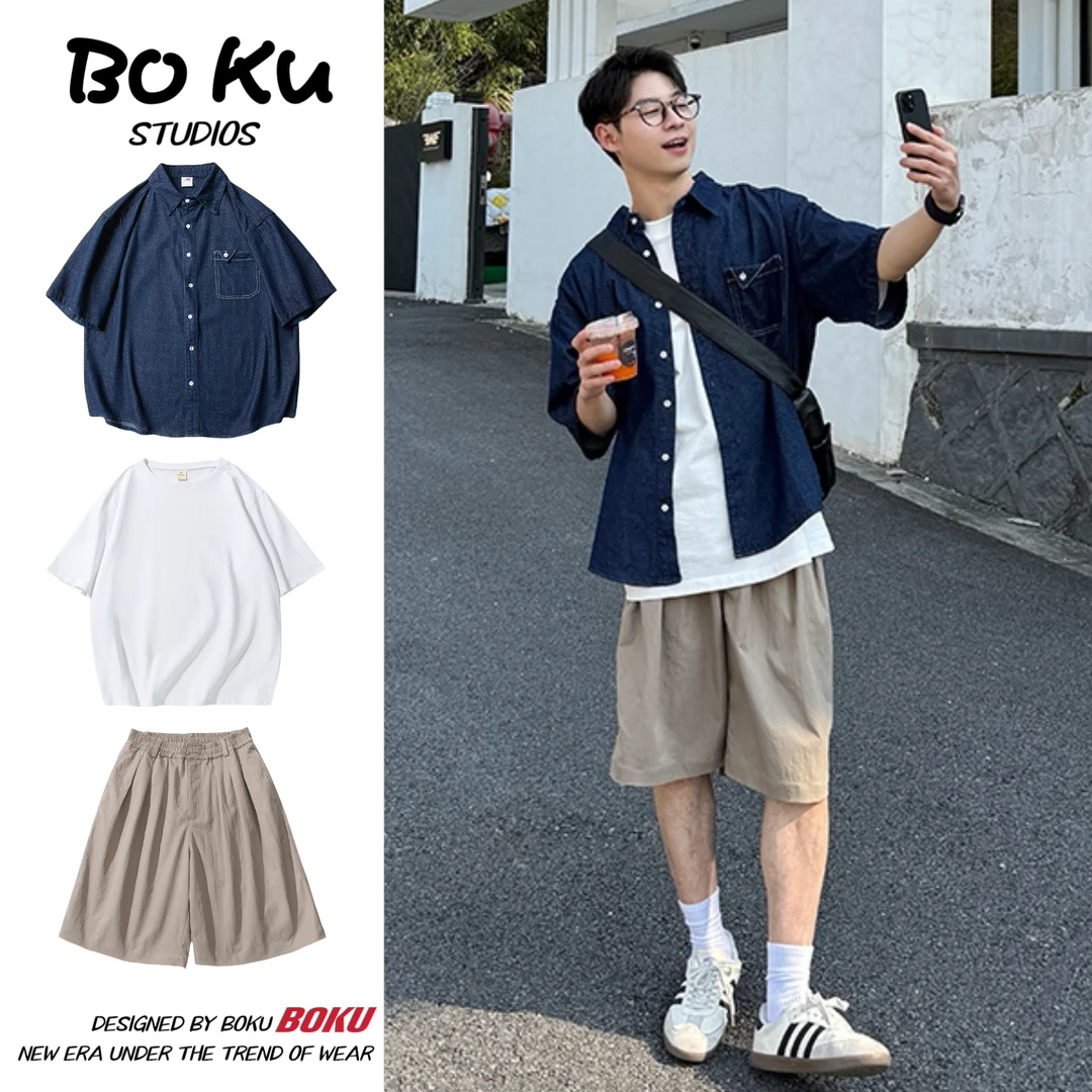@BOKU三件装/单件简约纯色牛仔短袖衬衫男生夏季百搭休闲衬衣外套