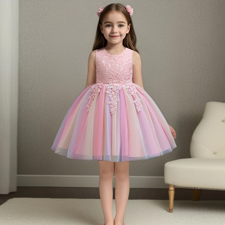 女童彩虹裙夏季生日公主裙甜美连衣裙钢琴演出服小女孩走秀表演服