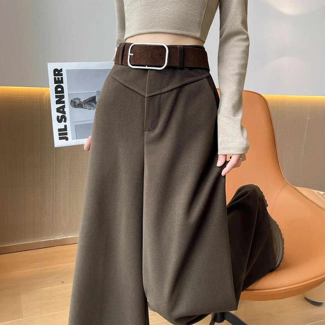 （送腰带）加厚百搭微弹阔腿裤高腰西装裤毛呢宽松显瘦