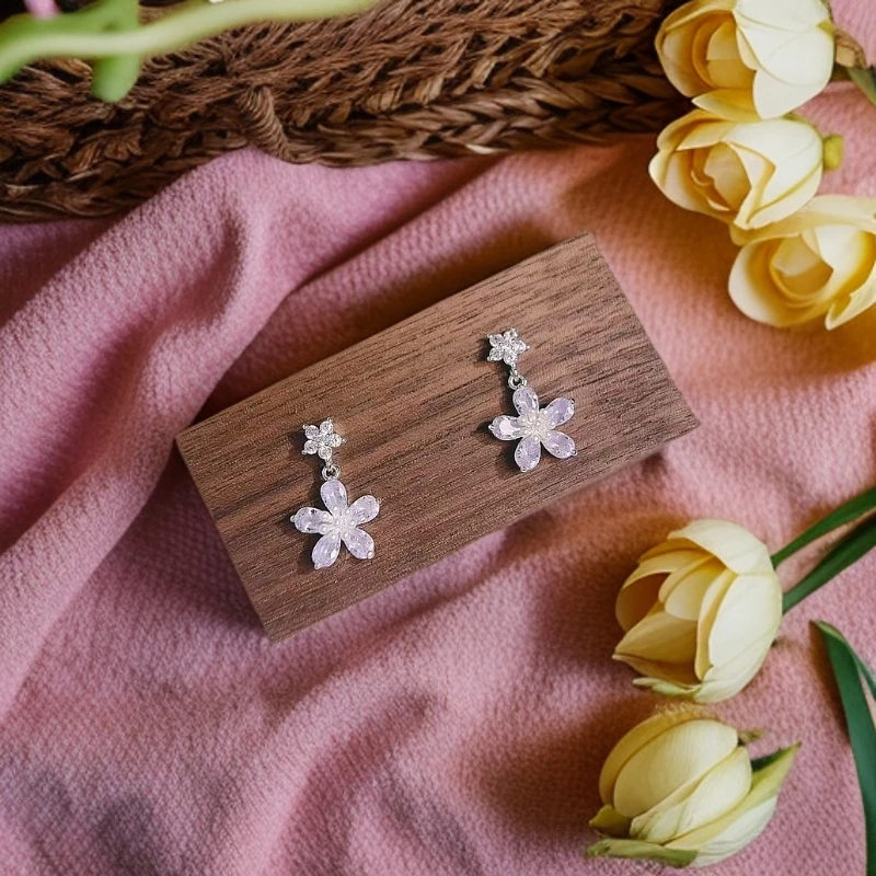 铜合金耳饰 韩版甜美花朵耳环简约小众设计超仙梦幻紫色耳钉夏季