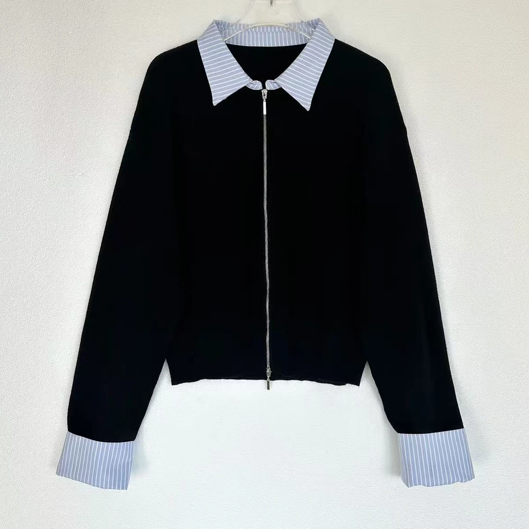 【白小白精选】条纹控衬衫拼接袖拉链开衫长袖针织开衫8538