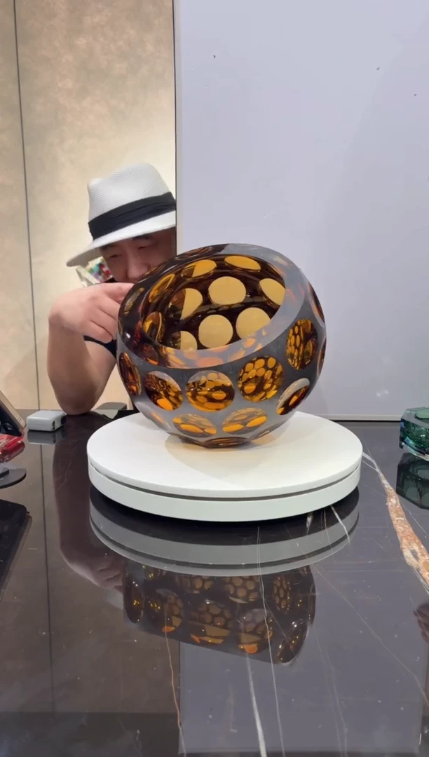 摆件琥珀金铁锈艺术琉璃凹面果碗