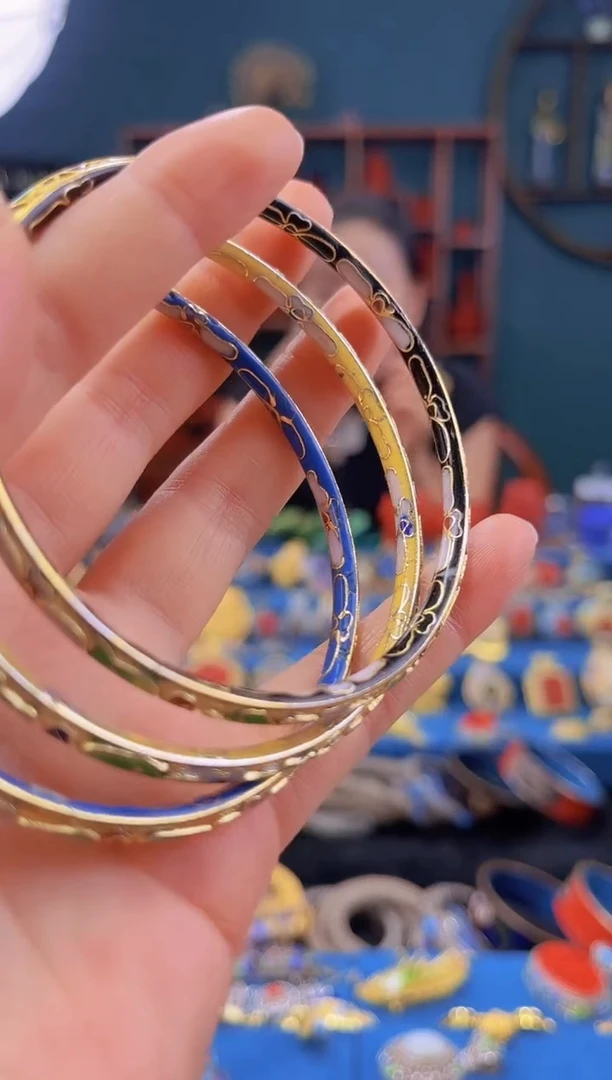 非遗 景泰蓝半金地叮当镯 56-64 湖蓝.黄.黑