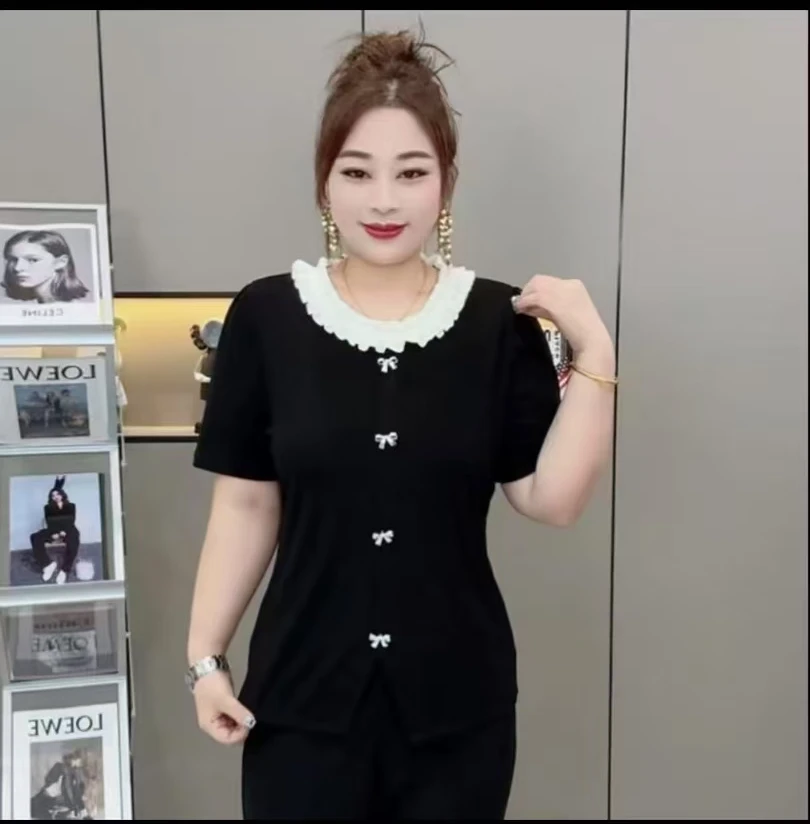 2025夏季减龄新款大码女装胖MM欧货时尚重工甜美木耳边拼接女人衫