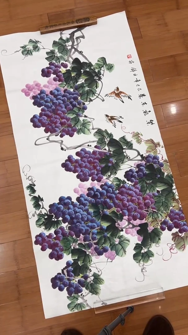 国画【福利，纯手工手绘】张文锦葡萄横幅138*68厘米