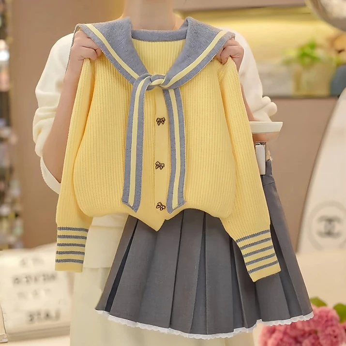 女童春秋款针织毛衣开衫外套套装韩版女大童学院风百褶裙春装裙子