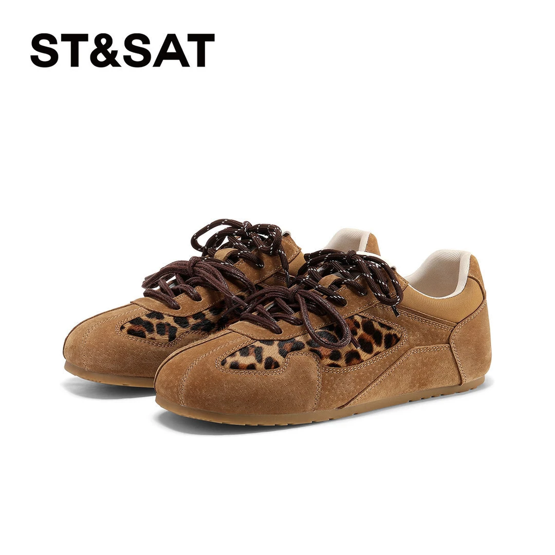 星期六复古豹纹德训鞋女2025秋季新款平底防滑内增高双系带阿甘鞋