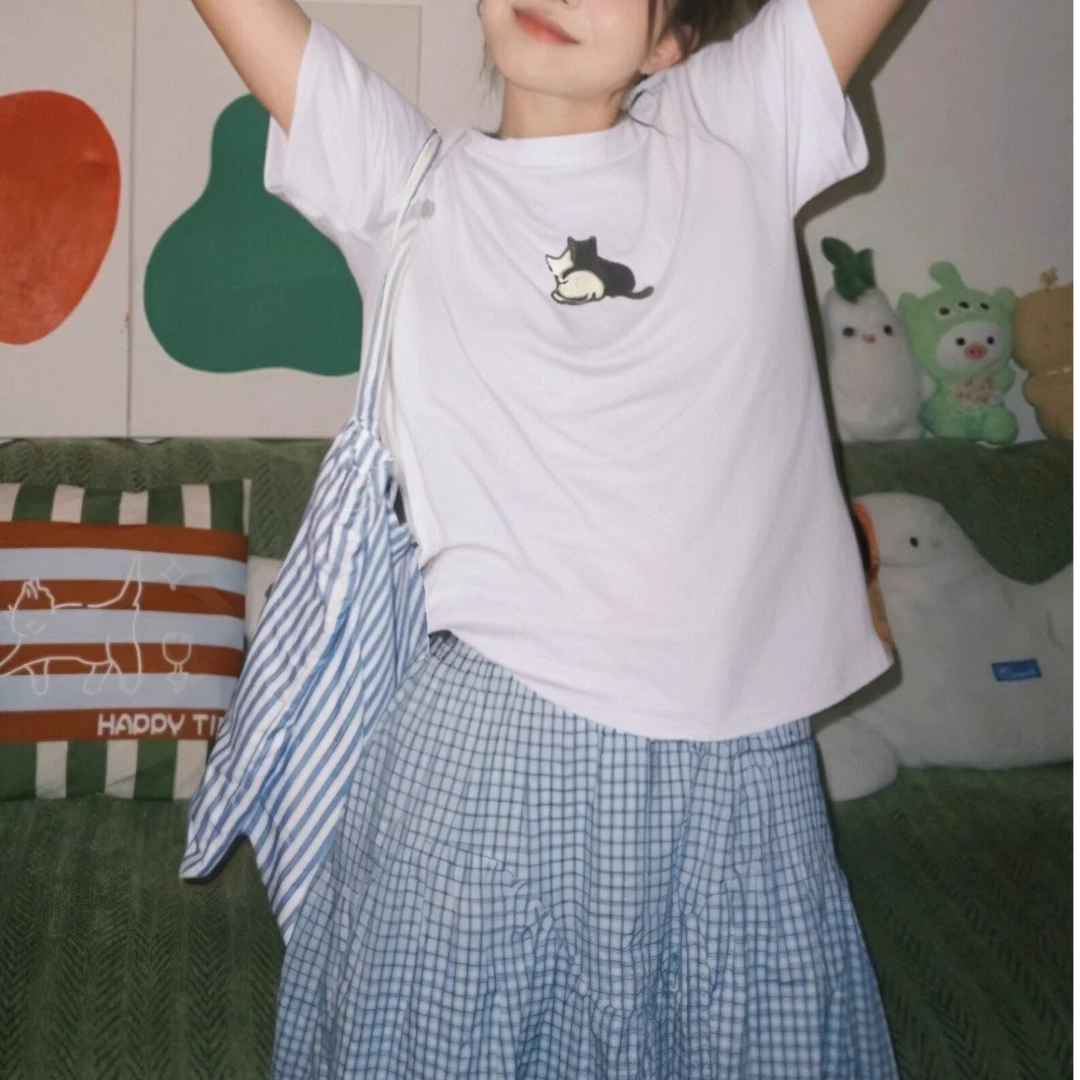 猫咪刺绣短袖T恤设计感夏季港风高级感卡通两只猫咪男女款紫色