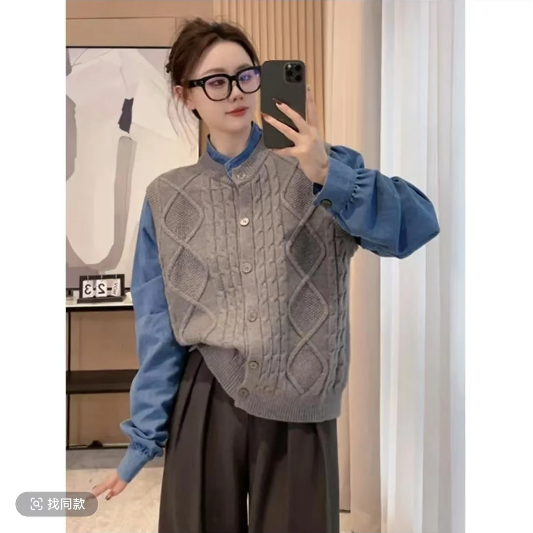 美美服装店03 春季新款拼接牛仔 假俩件针织开衫