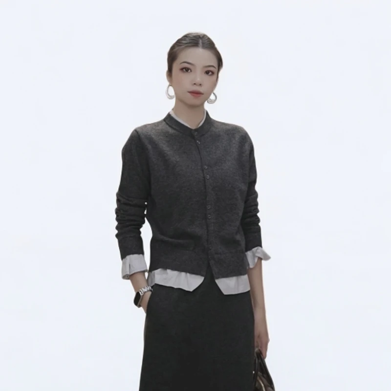 休闲慵懒风设计感喇叭袖拼接针织衫外搭百搭气质上衣