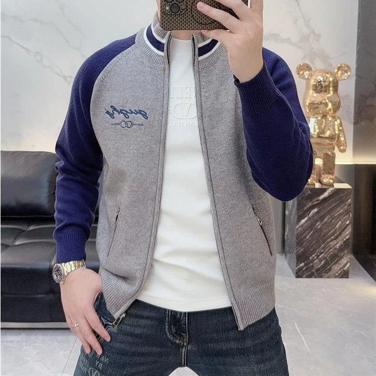 潮牌2025秋冬新款个性拼色羊毛衫修身字母刺绣加厚针织开衫外套男