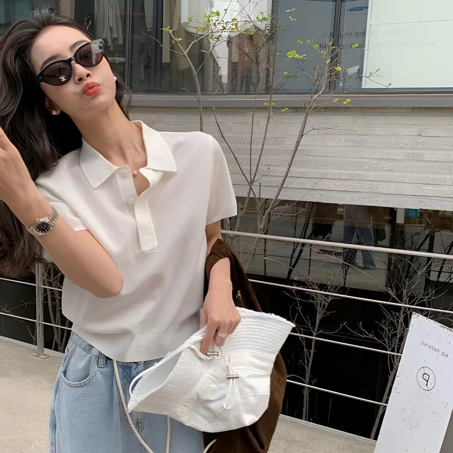 白色洋气polo领短袖针织衫女夏季新款100莱赛尔抗起球短款翻领t恤