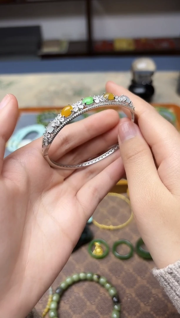 银S925镶嵌手镯翡翠s925银翡翠手镯YD