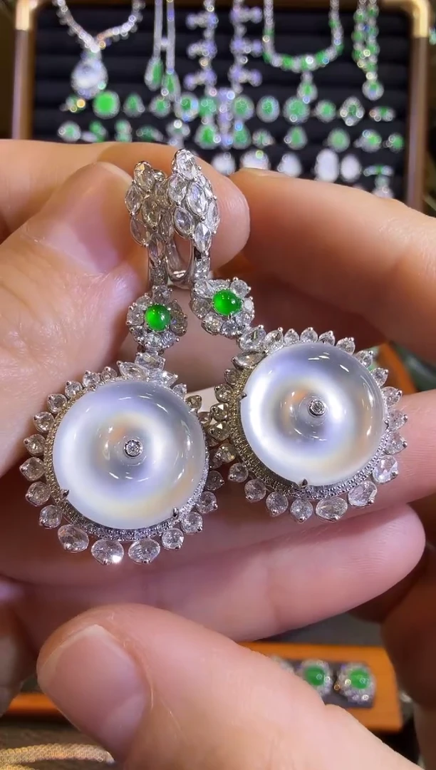 【闪购商品】翡翠耳饰18K金镶嵌玻璃种双眼皮平安扣吊坠戒指两用