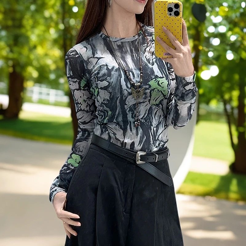 满印织纱女款皮肤衣T恤水仙花扎染圆领薄款T恤印花花色长袖b春夏