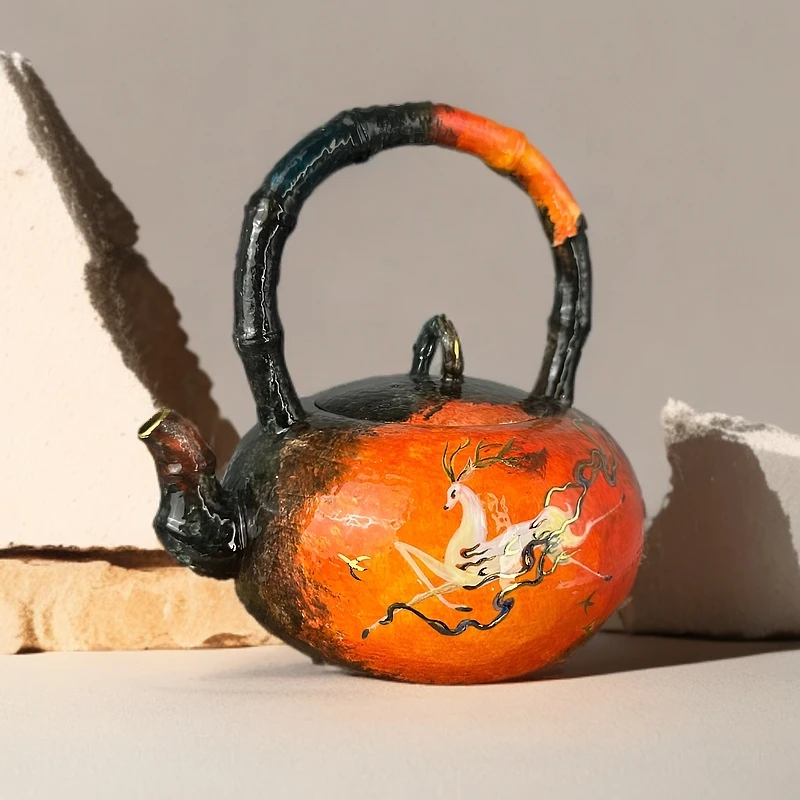 丰禄壶景德镇柴烧手绘描全彩金画符仙鹿壶陶瓷