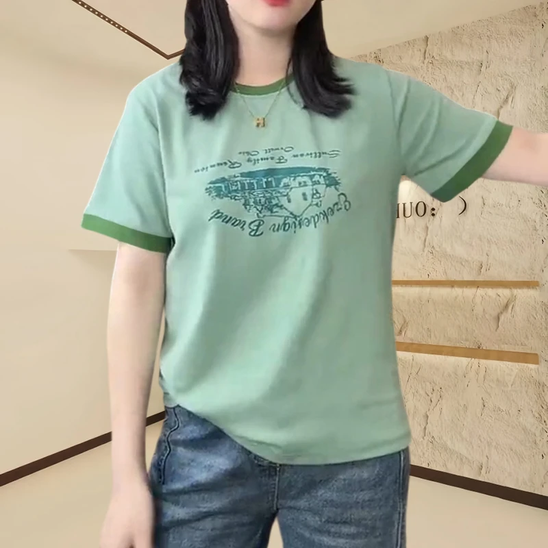 纯棉T恤女韩版漂亮绿色印花短袖加宽加大女装三八妇女节洋气服装