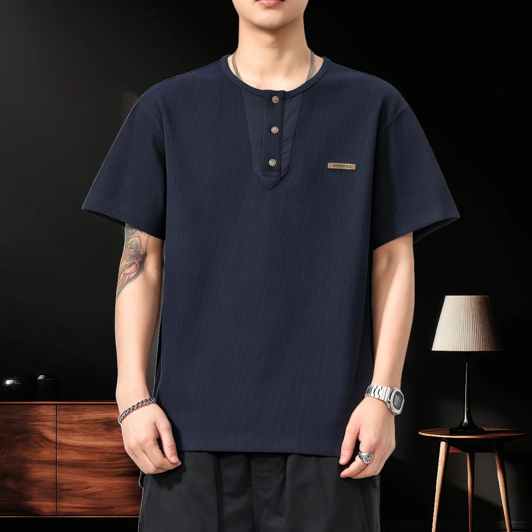 高端肌理感亨利领短袖T恤男士2025夏季新款宽松硬汉复古上衣服潮